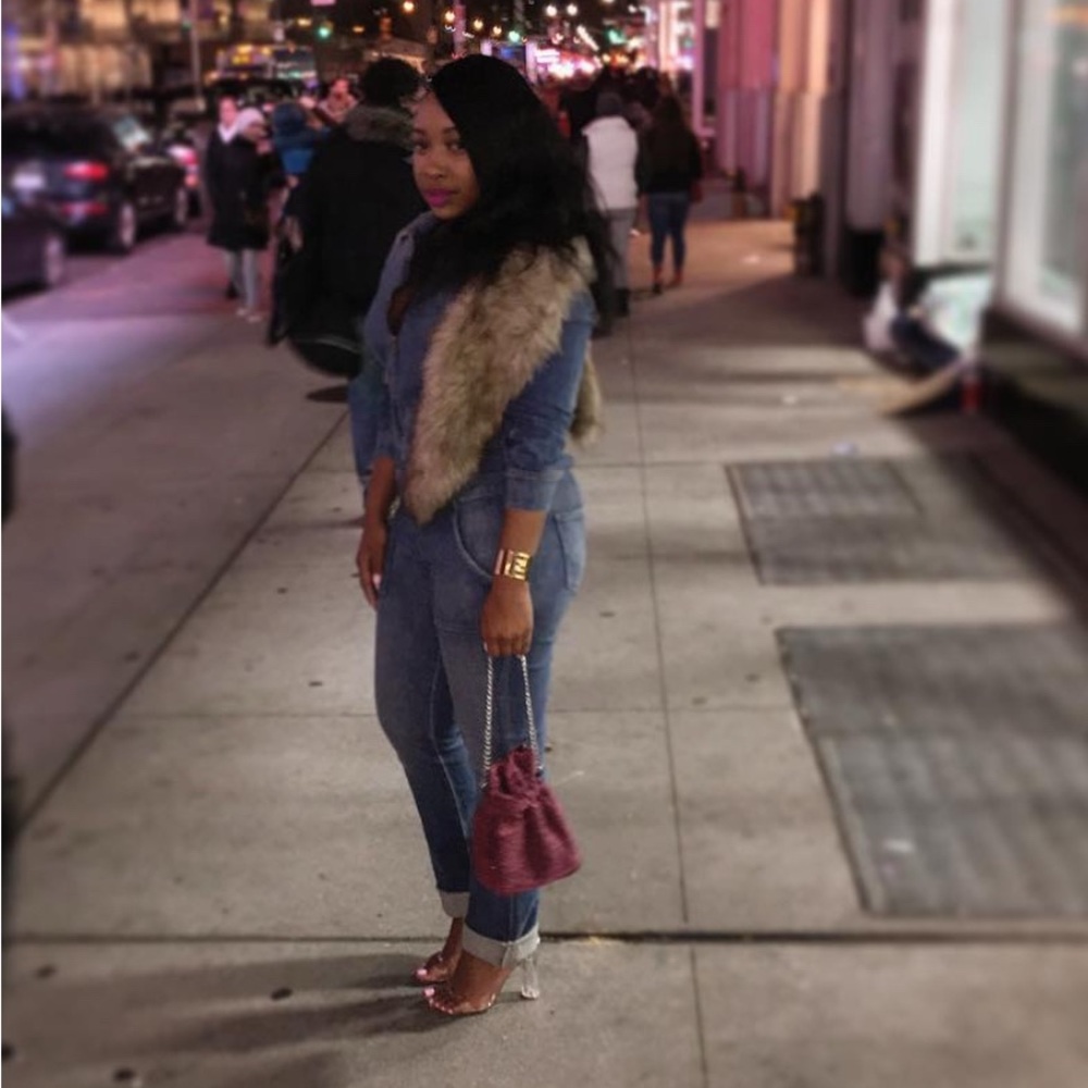 Guess Denim Jumpsuit with Faux Fur Detail